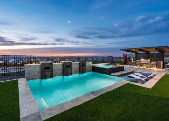 Beautiful pool featuring three waterfall scuppers, showcasing Kevens Landscape Rule of Three design principle